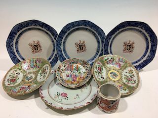 ANTIQUE Chinese Blue and White Armorial Plates, Rose Medallion plates, dragon jar, etc