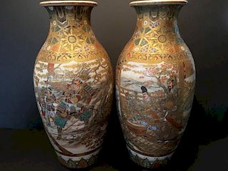 ANTIQUE Japanese pair Satsuma vases, Meiji period, 18 1/2" high