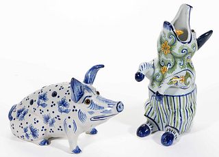 DUTCH DELFT TIN-GLAZED HAND-PAINTED EARTHENWARE FIGURAL PIGS, LOT OF TWO