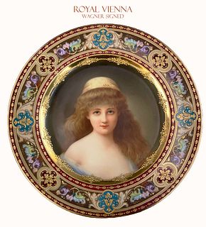 A Royal Vienna Hand Painted Of A Lady Bust Porcelain Decorative Wall Round Plate, Wagner Signed