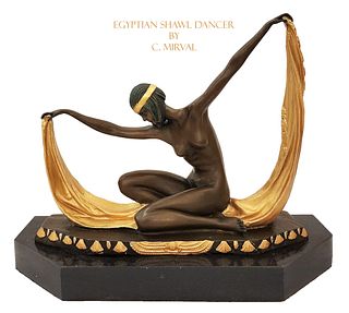Egyptian Shawl Dancer, A Cold Painted Bronze Statue On Marble Base, C. MIRVAL Signed