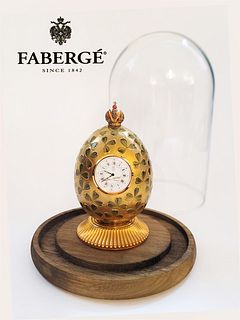 Clover Egg, A Theo Faberge Glass Enamel & 23K Gold Quartz Crystal Clock Egg