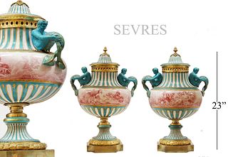 A Pair Of Large 19th C. Sevres Hand Painted Figural Porcelain Vases/Urns