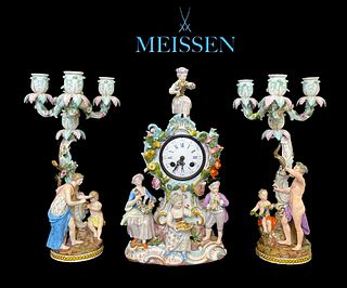 A Fine 19th C. German Meissen Hand Painted Porcelain Figural Clock Set, Hallmarked