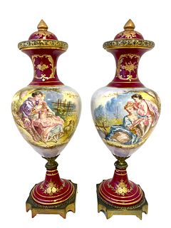 A Pair Of 19th C. French Sevres Hand Painted Porcelain Covered Vases