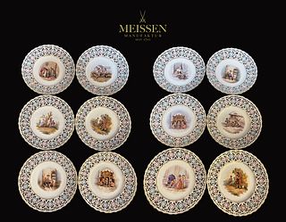 A Set Of Twelve German Meissen Hand Painted Porcelain Plates, Hallmarked