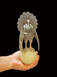 A Persian Silver Peacock Figural Potpourri Bowl Onyx Base
