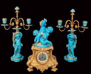 19th Century French Sevres Figural Blue Porcelain Bronze Clock Set