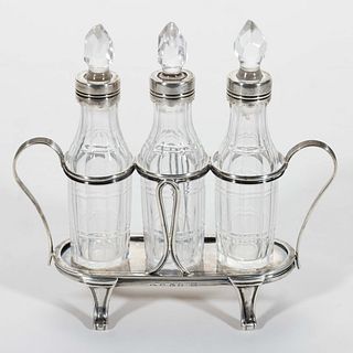 GEORGIAN ENGLISH STERLING SILVER DIMINUTIVE BOTTLE STAND WITH THREE ANGLO-IRISH CUT-GLASS PERFUME / SCENT BOTTLES