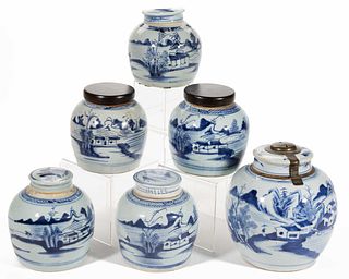 CHINESE EXPORT PORCELAIN HAND-PAINTED BLUE AND WHITE GINGER JARS, LOT OF SIX