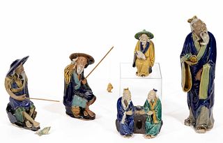 CHINESE SHIWAN WARE POTTERY FIGURES, LOT OF FIVE