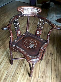 ANTIQUE Chinese wood with mother pearl corner armchair, 19th Century. 33" high x 16" wide