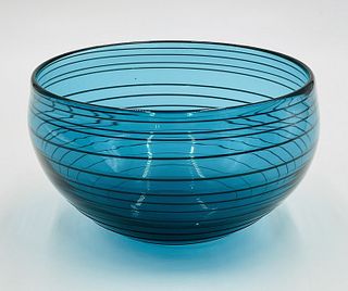 Studio Art Glass Bowl, Blue With Black Lines by Correia Art Glass, Signed & Dated 2005