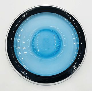 XL Art Glass Bowl in Blue & Black by Correia Glass, Signed & Dated 1999