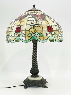 Bronze & Slag Glass Table Lamp -Tiffany Style-