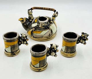 Folk Art Tea/Coffee Pot and 3 Bear Mugs, Signed and Dated 77