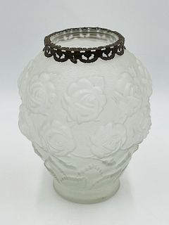 Elegant Art Deco Frosted Glass Vase with Stylized Rose Design, Lalique Style