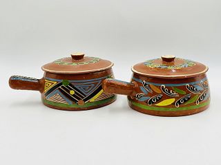 Vintage Mexican pottery cooking potS with lids, Painted Terracota