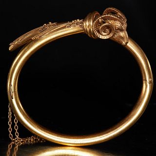 FINE ANTIQUE ETRUSCAN STYLE RAMS HEAD HINGED BANGLE