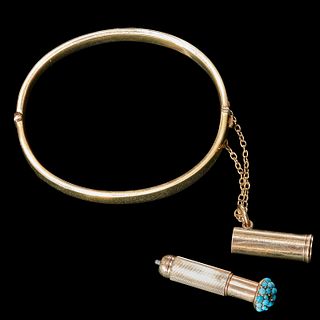 ANTIQUE GOLD HINGED BANGLE WITH A TURQUOISE PENCIL ATTACHED