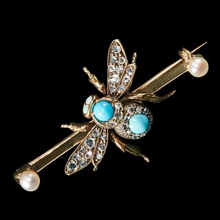 ANTIQUE DIAMOND, TURQUOISE, OPAL AND PEARL INSECT BROOCH