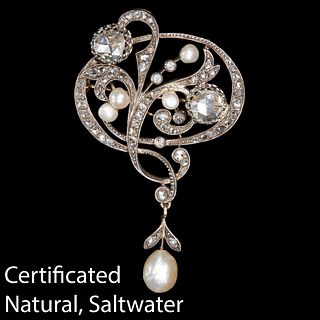 IMPRESSIVE CERTIFICATED VICTORIAN DIAMOND AND NATURAL SALTWATER PEARL BROOCH