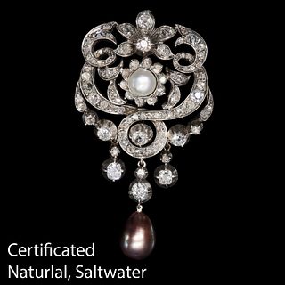 IMPORTANT CERTIFICATED NATURAL SALTWATER PEARLS AND DIAMOND BROOCH