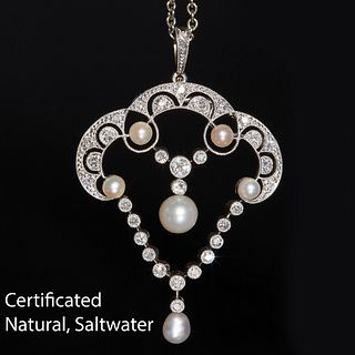 FINE CERTIFICATED ART DECO NATURAL SALTWATER PEARL AND DIAMOND PENDANT