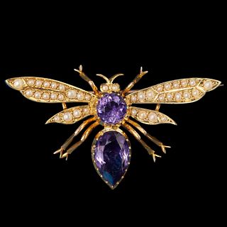 ANTIQUE AMETHYST AND PEARL INSECT BROOCH