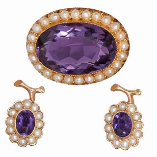 VICTORIAN AMETHYST AND PEARL BROOCH AND PAIR OF EARRINGS