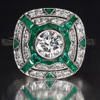 ART-DECO DIAMOND AND EMERALD CLUSTER RING