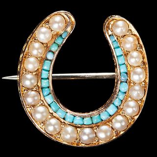 VICTORIAN GOLD TURQUOISE AND PEARL HORSESHOE BROOCH