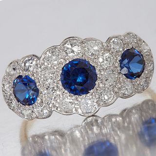 ART-DECO SAPPHIRE AND DIAMOND 3-CLUSTER RING