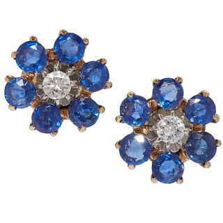 PAIR OF SAPPHIRE AND DIAMOND DAISY CLUSTER EARRINGS