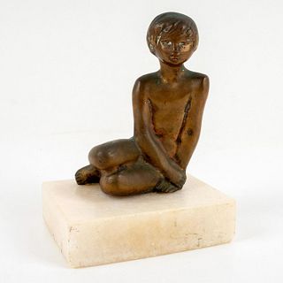 Vintage Artist Signed Bronze Sculpture, Seated Boy