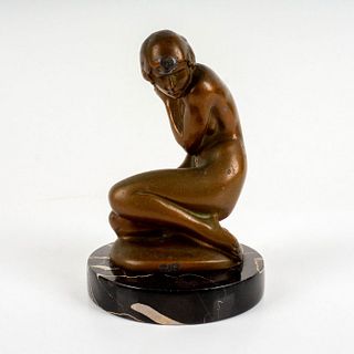Vintage Art Deco Bronze Sculpture On Black Marble Base, Female Figurine