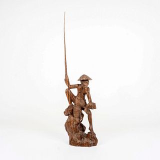 Vintage Asian Carved Wooden Figure of a Fisherman