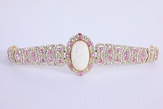 14K Gold Opal, Colored Sapphire & Diamond Bracelet