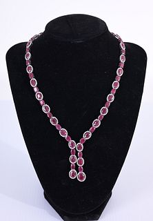 14K White Gold Ruby & Diamond Drop Necklace