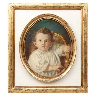 ALFREDO ESCUDERO Y ESPRONCEDA. Sin título (retrato de infante). Firmado y fechado 1921. Óleo sobe cartón. 42 x 34 cm