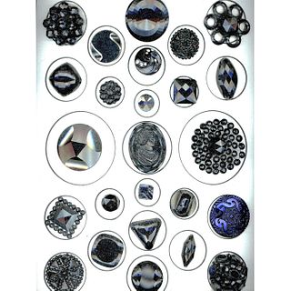 A CARD OF DIVISION ONE ASSORTED BLACK GLASS BUTTONS