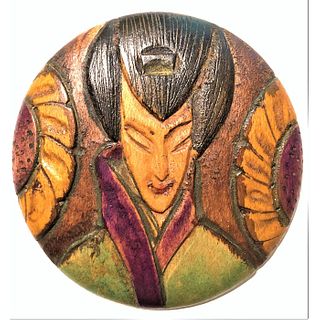 AN INCREDIBLE HAND CARVED & COLORED WOOD FIGURAL BUTTON