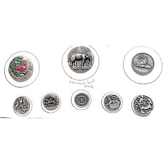A SMALL CARD OF DIV 3 ASSORTED PICTORIAL PEWTER BUTTONS