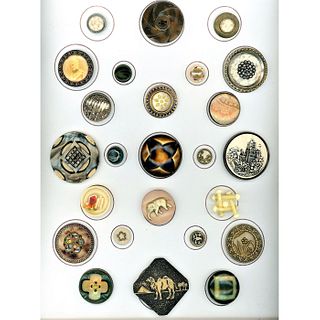 A CARD OF DIV 1 & 3 ASSORTED CELLULOID BUTTONS
