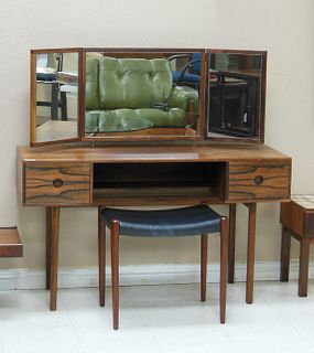 Mid Century Rosewood Vanity with Triple Folding Mirror.