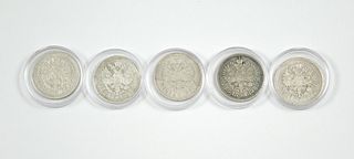 (5) Russia Nicholas II One Ruble Coins. 
