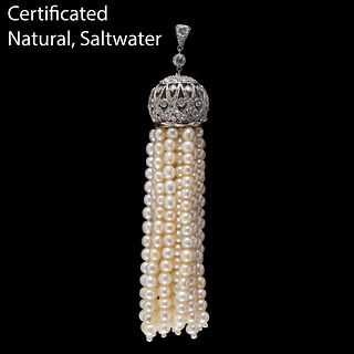 FINE ART-DECO CERTIFICATED NATURAL SALTWATER PEARL AND DIAMOND TASSLE DROP
