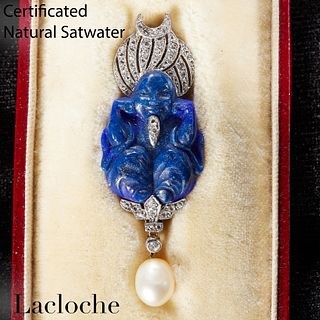 LACLOCHE FRERES, CERTIFICATED NATURAL SALTWATER PEARL, DIAMOND AND LAPIS LAZULI BUDDHA BROOCH