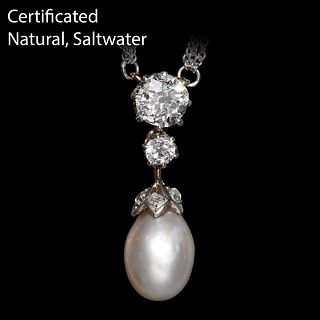 EDWARDIAN CERTIFICATED NATURAL SALTWATER PEARL AND DIAMOND PENDANT NECKLACE