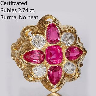 CERTIFICATED BURMA RUBY AND DIAMOND CLUSTER RING